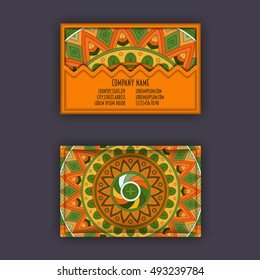 Vector vintage visiting card set. Floral mandala pattern and ornaments. Oriental design Layout. Islam, Arabic, Indian, ottoman motifs. Front page and back page.