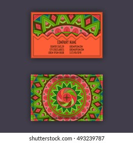 Vector vintage visiting card set. Floral mandala pattern and ornaments. Oriental design Layout. Islam, Arabic, Indian, ottoman motifs. Front page and back page.