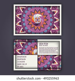 Vector vintage visiting card set. Floral mandala pattern and ornaments. Oriental design Layout. Islam, Arabic, Indian, ottoman motifs. Front page and back page.