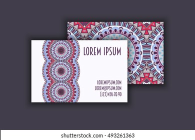Vector vintage visiting card set. Floral mandala pattern and ornaments. Oriental design Layout. Islam, Arabic, Indian, ottoman motifs. Front page and back page.