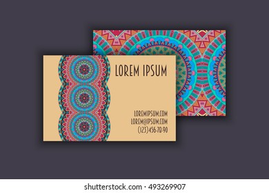 Vector vintage visiting card set. Floral mandala pattern and ornaments. Oriental design Layout. Islam, Arabic, Indian, ottoman motifs. Front page and back page.