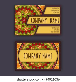 Vector vintage visiting card set. Floral mandala pattern and ornaments. Oriental design Layout. Islam, Arabic, Indian, ottoman motifs. Front page and back page.