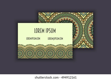 Vector vintage visiting card set. Floral mandala pattern and ornaments. Oriental design Layout. Islam, Arabic, Indian, ottoman motifs. Front page and back page.