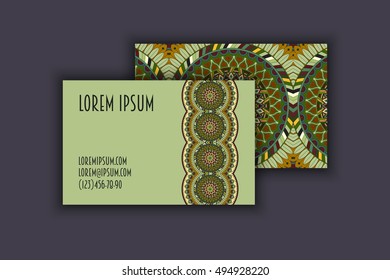Vector vintage visiting card set. Floral mandala pattern and ornaments. Oriental design Layout. Islam, Arabic, Indian, ottoman motifs. Front page and back page.