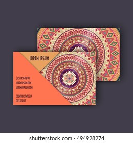 Vector vintage visiting card set. Floral mandala pattern and ornaments. Oriental design Layout. Islam, Arabic, Indian, ottoman motifs. Front page and back page.