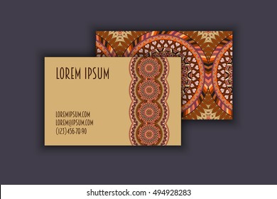 Vector vintage visiting card set. Floral mandala pattern and ornaments. Oriental design Layout. Islam, Arabic, Indian, ottoman motifs. Front page and back page.