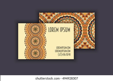 Vector vintage visiting card set. Floral mandala pattern and ornaments. Oriental design Layout. Islam, Arabic, Indian, ottoman motifs. Front page and back page.