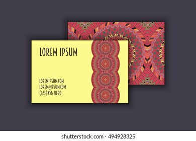 Vector vintage visiting card set. Floral mandala pattern and ornaments. Oriental design Layout. Islam, Arabic, Indian, ottoman motifs. Front page and back page.