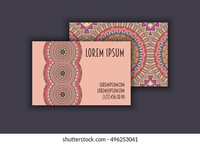 Vector vintage visiting card set. Floral mandala pattern and ornaments. Oriental design Layout. Islam, Arabic, Indian, ottoman motifs. Front page and back page.