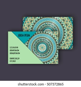 Vector vintage visiting card set. Floral mandala pattern and ornaments. Oriental design Layout. Islam, Arabic, Indian, ottoman motifs. Front page and back page.