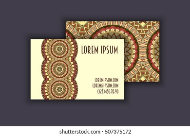 Vector vintage visiting card set. Floral mandala pattern and ornaments. Oriental design Layout. Islam, Arabic, Indian, ottoman motifs. Front page and back page.
