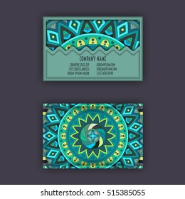 Vector vintage visiting card set. Floral mandala pattern and ornaments. Oriental design Layout. Islam, Arabic, Indian, ottoman motifs. Front page and back page.
