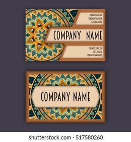 Vector vintage visiting card set. Floral mandala pattern and ornaments. Oriental design Layout. Islam, Arabic, Indian, ottoman motifs. Front page and back page.