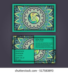 Vector vintage visiting card set. Floral mandala pattern and ornaments. Oriental design Layout. Islam, Arabic, Indian, ottoman motifs. Front page and back page.