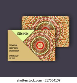 Vector vintage visiting card set. Floral mandala pattern and ornaments. Oriental design Layout. Islam, Arabic, Indian, ottoman motifs. Front page and back page.