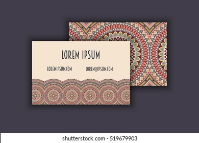 Vector vintage visiting card set. Floral mandala pattern and ornaments. Oriental design Layout. Islam, Arabic, Indian, ottoman motifs. Front page and back page.