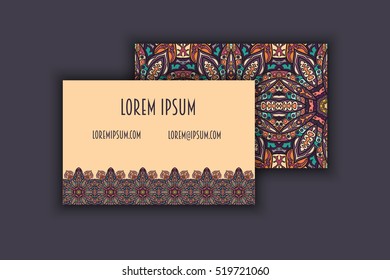 Vector vintage visiting card set. Floral mandala pattern and ornaments. Oriental design Layout. Islam, Arabic, Indian, ottoman motifs. Front page and back page.