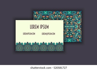 Vector vintage visiting card set. Floral mandala pattern and ornaments. Oriental design Layout. Islam, Arabic, Indian, ottoman motifs. Front page and back page.