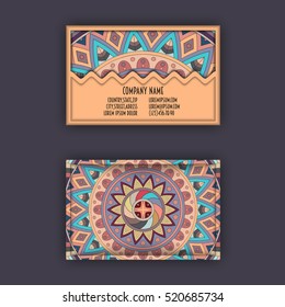 Vector vintage visiting card set. Floral mandala pattern and ornaments. Oriental design Layout. Islam, Arabic, Indian, ottoman motifs. Front page and back page.