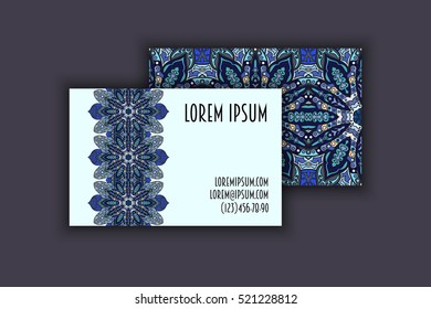 Vector vintage visiting card set. Floral mandala pattern and ornaments. Oriental design Layout. Islam, Arabic, Indian, ottoman motifs. Front page and back page.