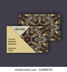 Vector vintage visiting card set. Floral mandala pattern and ornaments. Oriental design Layout. Islam, Arabic, Indian, ottoman motifs. Front page and back page.