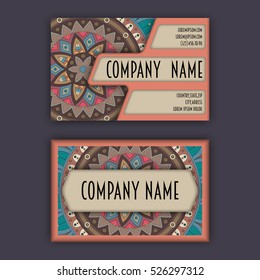 Vector vintage visiting card set. Floral mandala pattern and ornaments. Oriental design Layout. Islam, Arabic, Indian, ottoman motifs. Front page and back page.