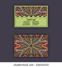 Vector vintage visiting card set. Floral mandala pattern and ornaments. Oriental design Layout. Islam, Arabic, Indian, ottoman motifs. Front page and back page.