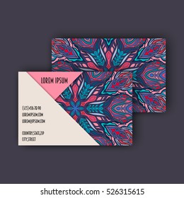 Vector vintage visiting card set. Floral mandala pattern and ornaments. Oriental design Layout. Islam, Arabic, Indian, ottoman motifs. Front page and back page.