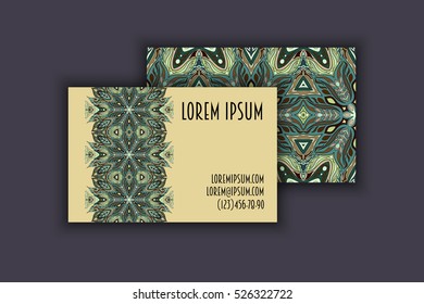 Vector vintage visiting card set. Floral mandala pattern and ornaments. Oriental design Layout. Islam, Arabic, Indian, ottoman motifs. Front page and back page.