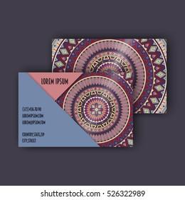 Vector vintage visiting card set. Floral mandala pattern and ornaments. Oriental design Layout. Islam, Arabic, Indian, ottoman motifs. Front page and back page.