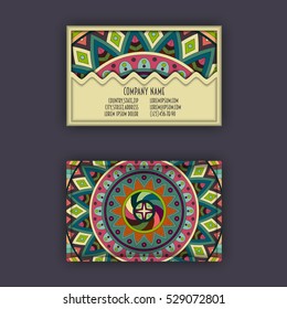 Vector vintage visiting card set. Floral mandala pattern and ornaments. Oriental design Layout. Islam, Arabic, Indian, ottoman motifs. Front page and back page.