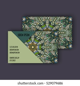 Vector vintage visiting card set. Floral mandala pattern and ornaments. Oriental design Layout. Islam, Arabic, Indian, ottoman motifs. Front page and back page.