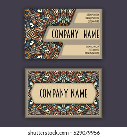 Vector vintage visiting card set. Floral mandala pattern and ornaments. Oriental design Layout. Islam, Arabic, Indian, ottoman motifs. Front page and back page.