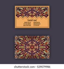 Vector vintage visiting card set. Floral mandala pattern and ornaments. Oriental design Layout. Islam, Arabic, Indian, ottoman motifs. Front page and back page.