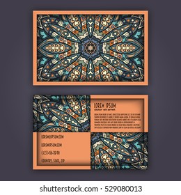 Vector vintage visiting card set. Floral mandala pattern and ornaments. Oriental design Layout. Islam, Arabic, Indian, ottoman motifs. Front page and back page.