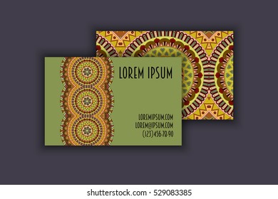 Vector vintage visiting card set. Floral mandala pattern and ornaments. Oriental design Layout. Islam, Arabic, Indian, ottoman motifs. Front page and back page.