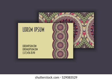 Vector vintage visiting card set. Floral mandala pattern and ornaments. Oriental design Layout. Islam, Arabic, Indian, ottoman motifs. Front page and back page.