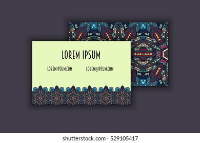 Vector vintage visiting card set. Floral mandala pattern and ornaments. Oriental design Layout. Islam, Arabic, Indian, ottoman motifs. Front page and back page.