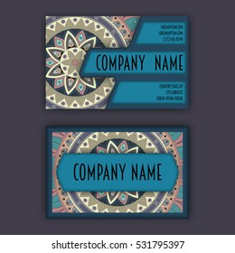 Vector vintage visiting card set. Floral mandala pattern and ornaments. Oriental design Layout. Islam, Arabic, Indian, ottoman motifs. Front page and back page.