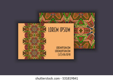 Vector vintage visiting card set. Floral mandala pattern and ornaments. Oriental design Layout. Islam, Arabic, Indian, ottoman motifs. Front page and back page.