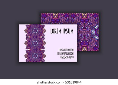 Vector vintage visiting card set. Floral mandala pattern and ornaments. Oriental design Layout. Islam, Arabic, Indian, ottoman motifs. Front page and back page.