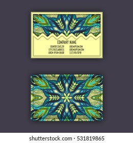 Vector vintage visiting card set. Floral mandala pattern and ornaments. Oriental design Layout. Islam, Arabic, Indian, ottoman motifs. Front page and back page.