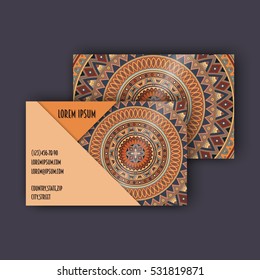 Vector vintage visiting card set. Floral mandala pattern and ornaments. Oriental design Layout. Islam, Arabic, Indian, ottoman motifs. Front page and back page.