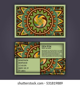 Vector vintage visiting card set. Floral mandala pattern and ornaments. Oriental design Layout. Islam, Arabic, Indian, ottoman motifs. Front page and back page.