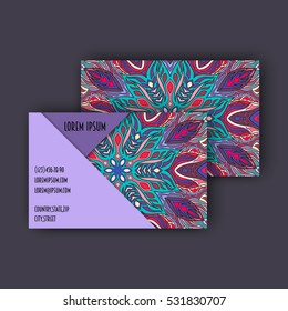 Vector vintage visiting card set. Floral mandala pattern and ornaments. Oriental design Layout. Islam, Arabic, Indian, ottoman motifs. Front page and back page.