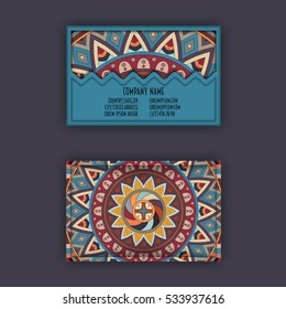 Vector vintage visiting card set. Floral mandala pattern and ornaments. Oriental design Layout. Islam, Arabic, Indian, ottoman motifs. Front page and back page.