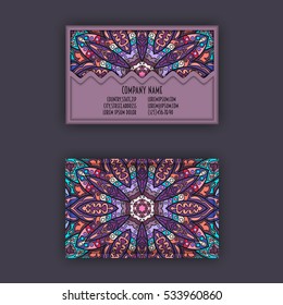 Vector vintage visiting card set. Floral mandala pattern and ornaments. Oriental design Layout. Islam, Arabic, Indian, ottoman motifs. Front page and back page.