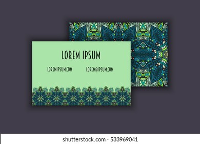 Vector vintage visiting card set. Floral mandala pattern and ornaments. Oriental design Layout. Islam, Arabic, Indian, ottoman motifs. Front page and back page.