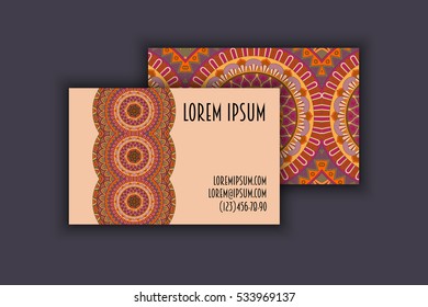 Vector vintage visiting card set. Floral mandala pattern and ornaments. Oriental design Layout. Islam, Arabic, Indian, ottoman motifs. Front page and back page.