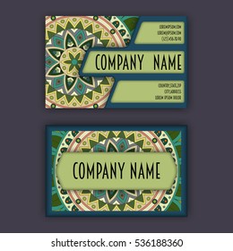 Vector vintage visiting card set. Floral mandala pattern and ornaments. Oriental design Layout. Islam, Arabic, Indian, ottoman motifs. Front page and back page.